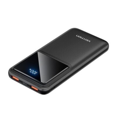 Vention 10000mAh Power Bank (Micro-USB + USB-C + USB-A + USB-A) with Integrated USB-C and Lightning Cables 22.5W Black LED Display Type